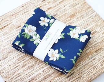 Large Cloth Napkins - Set of 4 - (NH754) - Small Magnolia Floral Toss Navy Blue Reusable Fabric Napkins