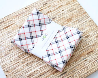 Large Cloth Napkins - Set of 4 (NE367) - Red Black Diagonal Plaids on White Modern Reusable Fabric Napkins