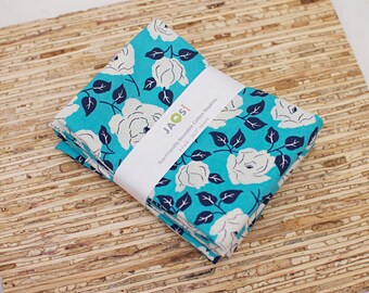 Large Cloth Napkins - Set of 4 (N7726) - White Dotted Roses Teal Blue Fabric Napkins