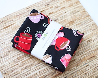 Large Cloth Napkins - Set of 4 - (NE799) - Cafe Hot Chocolate Coffee on Black Reusable Fabric Napkins