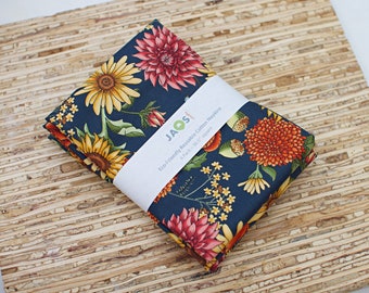 Large Cloth Napkins - Set of 4 - (NF060) - Dahlia Sunflower Flower Toss Navy Modern Reusable Fabric Napkins