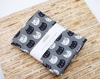 Large Cloth Napkins - Set of 4 - (NJ252) - Cat Faces on Grey Reusable Fabric Napkins