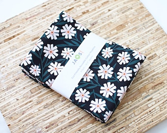 Large ORGANIC Cloth Napkins - Set of 4 (NE891) - White Flowers on Dark Reusable Fabric Napkins
