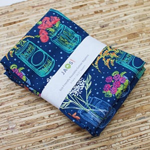 Large Cloth Napkins - Set of 4 (NG259) - Picked Flowers Jars on Blue Fabric Napkins