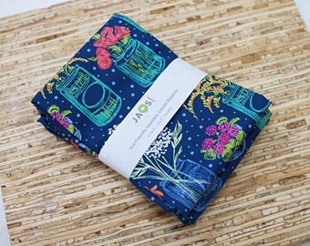 Large Cloth Napkins - Set of 4 (NG259) - Picked Flowers Jars on Blue Fabric Napkins