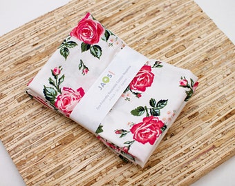 Large Cloth Napkins - Set of 4 - (NA416) - Rose Floral Blooms Cream White Reusable Fabric Napkins