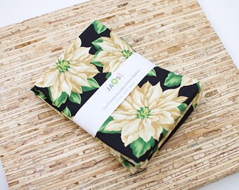 Large Cloth Napkins - Set of 4 - (N8518) - Large Ivory Poinsettia on Black Reusable Fabric Napkins