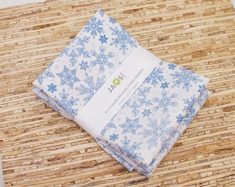 Large Cloth Napkins - Set of 4 - (NG358) - Blue Snowflakes Modern Reusable Fabric Napkins