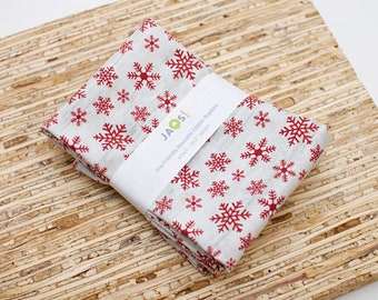 Large Cloth Napkins - Set of 4 - (NB155) - Red Snowflakes Modern Reusable Fabric Napkins