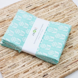 Large ORGANIC Cloth Napkins - Set of 4 - (N2124) - Folk Daisy Light Blue Reusable Fabric Napkins