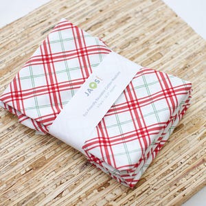 Guardanapos de pano grandes - Conjunto de 4 - (NF697) - Guardanapos de tecido reutilizáveis com viés xadrez vermelho e verde