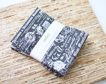 Large Cloth Napkins - Set of 4 - (NE365) -  Charcoal Grey Words Reusable Fabric Napkins