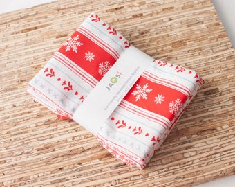 Large Cloth Napkins - Set of 4 - (N4384) - Snowflakes Stripes Red Modern Reusable Fabric Napkins
