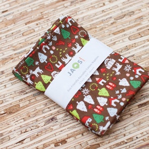 Small Cloth Napkins - Set of 4 - (N3221s) - Brown Christmas Holiday Motifs Reusable Cotton Fabric Napkins