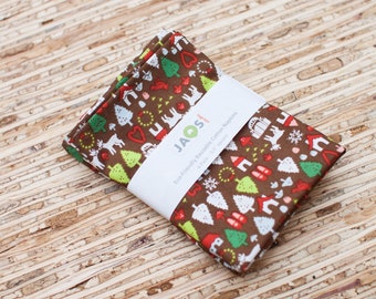 Small Cloth Napkins - Set of 4 - (N3221s) - Brown Christmas Holiday Motifs Reusable Cotton Fabric Napkins