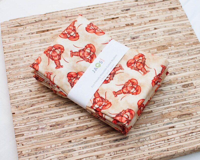 N7732 Large Cloth Napkins Set of 4 - - Beige Lobster Modern Reusable Fabric Napkins