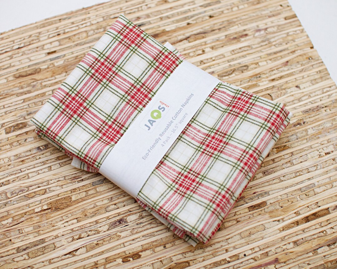 Large Cloth Napkins Set of 4 NC563 Tartan Checkered Red Green on White