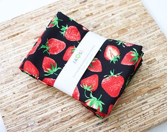 Large Cloth Napkins - Set of 4 - (NB354) - Tossed Strawberries on Black Reusable Fabric Napkins
