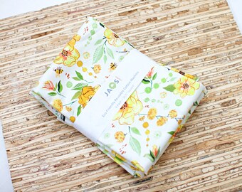 Large Cloth Napkins - Set of 4 - (NF105) - Botanical Yellow Flowers on White Modern Reusable Fabric Napkins