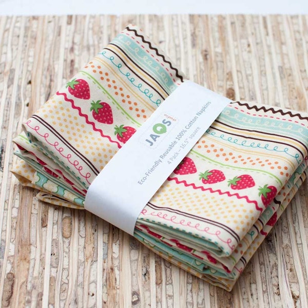 Serviettes en tissu grand - Set de 4 - (N512) - fraises rayures Floral moderne tissu réutilisable serviettes