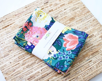 Large Cloth Napkins - Set of 4 - (NB836) -  Flower Blooms on Teal Reusable Fabric Napkins