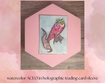 Sweet Swimmer Strawberry Fish – Whimsical Mini Watercolor ACEO, Cute Ocean Art, Tiny Original Painting Gift