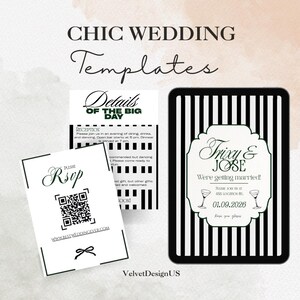 Puede incluir: Un conjunto de plantillas de boda con un diseño elegante. Las plantillas incluyen una tarjeta RSVP con un código QR, una tarjeta de detalles y una invitación con los nombres "Trixy & Jose" y la fecha 01.09.2026. La invitación tiene un fondo a rayas blancas y negras.