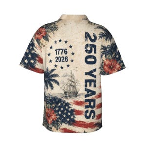 Vintage 250 Years USA Independence Day Hawaiian Shirt | 1776–2026 Commemorative Aloha Button-Up for Men with Palm Trees & Hibiscus 画像 3