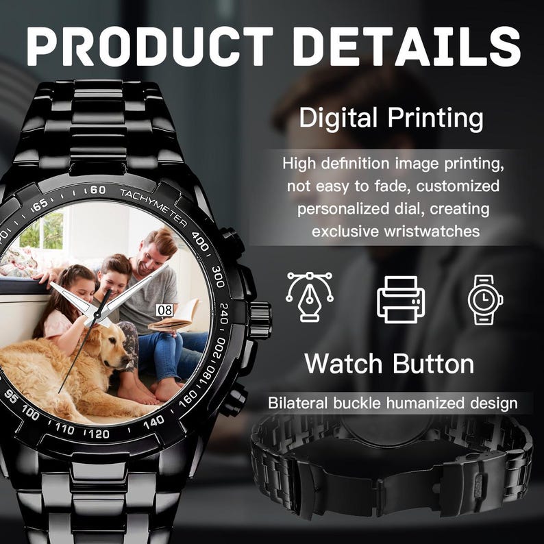 Personalized Black Metal Watch with Calendar Display, Custom Engraved Unisex Watch, Gift for Husband Father Mother imagen 5