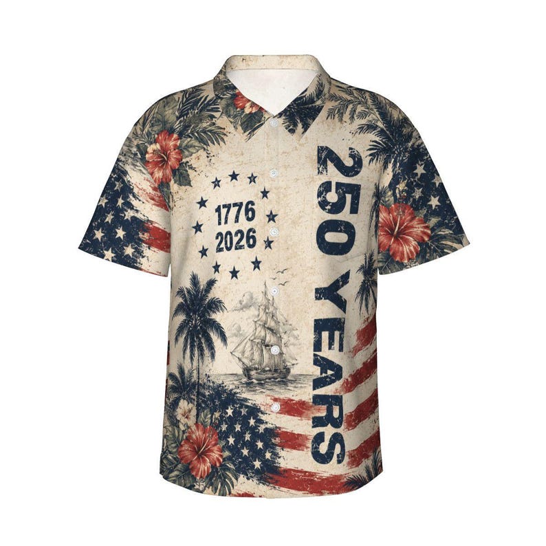 Vintage 250 Years USA Independence Day Hawaiian Shirt | 1776–2026 Commemorative Aloha Button-Up for Men with Palm Trees & Hibiscus 画像 2
