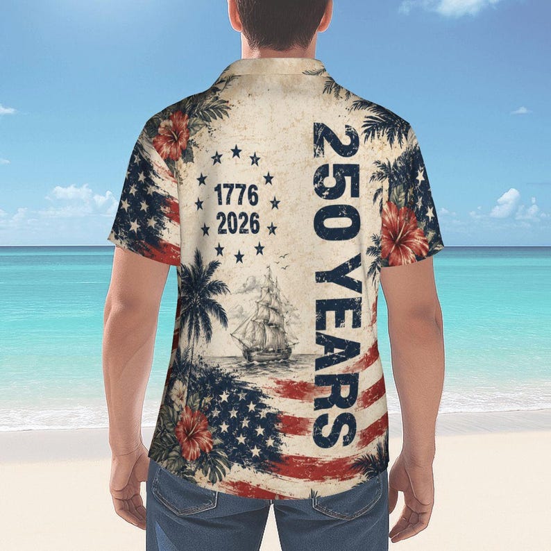 Vintage 250 Years USA Independence Day Hawaiian Shirt | 1776–2026 Commemorative Aloha Button-Up for Men with Palm Trees & Hibiscus 画像 5