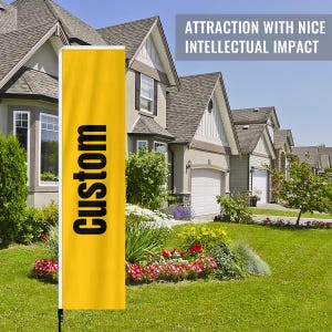 May include: A yellow rectangular flag with the word "Custom" in large black letters. The flag is displayed outdoors in front of a residential house. The text "ATTRACTION WITH NICE INTELLECTUAL IMPACT" is in the background.