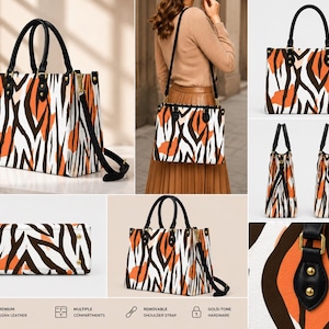 Può includere: Una borsa tote strutturata con un motivo a strisce di tigre bianco, arancione e marrone scuro. La borsa include manici neri, una tracolla rimovibile, dettagli color oro e piedini in metallo sulla base. È dotata di scomparti multipli.
