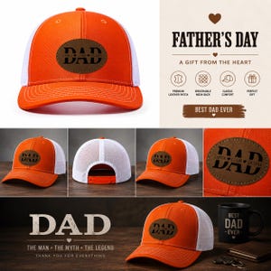Op de afbeelding: Oranje en witte truckerpet met een leren patch met de tekst "DAD" en de namen "EMMA LIAM OLIVIA". De pet heeft een mesh rug en een gebogen klep. De tekst "BEST DAD EVER" is ook zichtbaar.