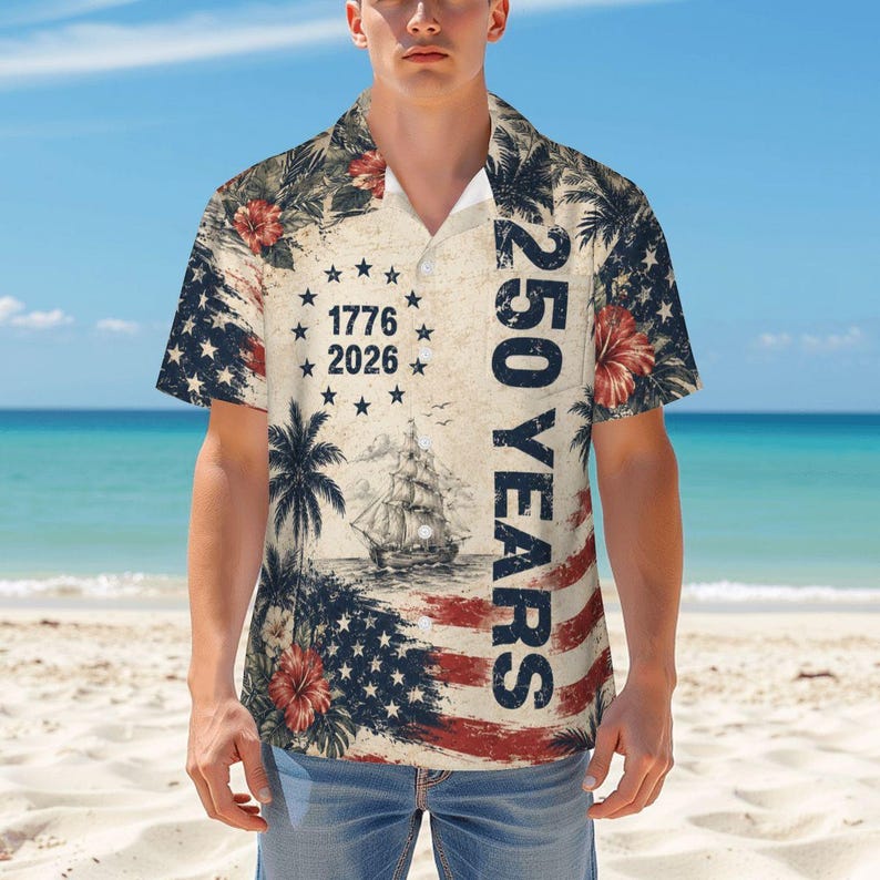 Vintage 250 Years USA Independence Day Hawaiian Shirt | 1776–2026 Commemorative Aloha Button-Up for Men with Palm Trees & Hibiscus 画像 4