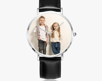 Personalized Silver Quartz Watch with Leather Strap, Custom Ultra-Thin Watch Gift for Him & Her