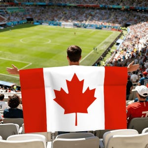 May include: A person in a stadium holds a Canadian flag with a red maple leaf on a white background, flanked by red bars. The flag is displayed in front of a crowd watching a sporting event on a green field.