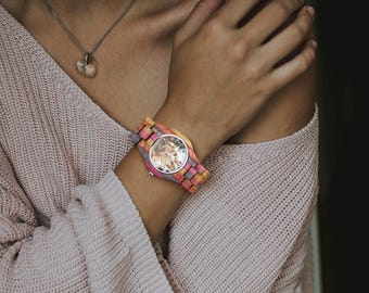 Personalized Grey Pink Camouflage Wooden Watch, Custom Unisex Wood Watch, Mother’s Day Father’s Day Gift for Couples