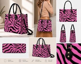 Pink Zebra Print Tote Bag for Women PU Leather Shoulder Handbag Waterproof Large Capacity Fashion Purse Gift