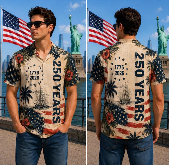 Vintage 250 Years USA Independence Day Hawaiian Shirt | 1776–2026 Commemorative Aloha Button-Up for Men with Palm Trees & Hibiscus