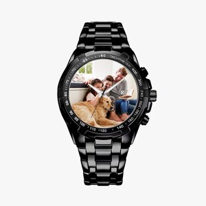 Personalized Black Metal Watch with Calendar Display, Custom Engraved Unisex Watch, Gift for Husband Father Mother Black