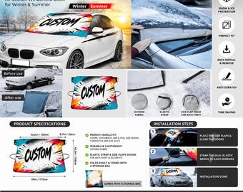Custom Windshield Cover for Ice and Snow, Personalized Car Windshield Protector, Waterproof Sun Shade for Winter Summer Vehicles