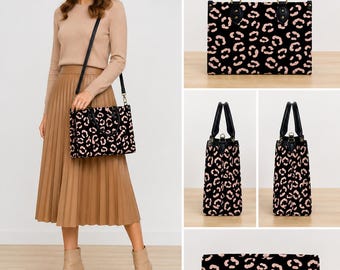 Animal Print PU Tote Bag for Women, Waterproof Travel Handbag, Black Handle Zipper Purse, Birthday Gift