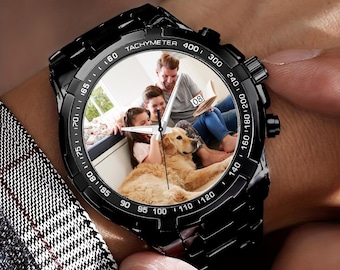 Personalized Black Metal Watch with Calendar Display, Custom Engraved Unisex Watch, Gift for Husband Father Mother