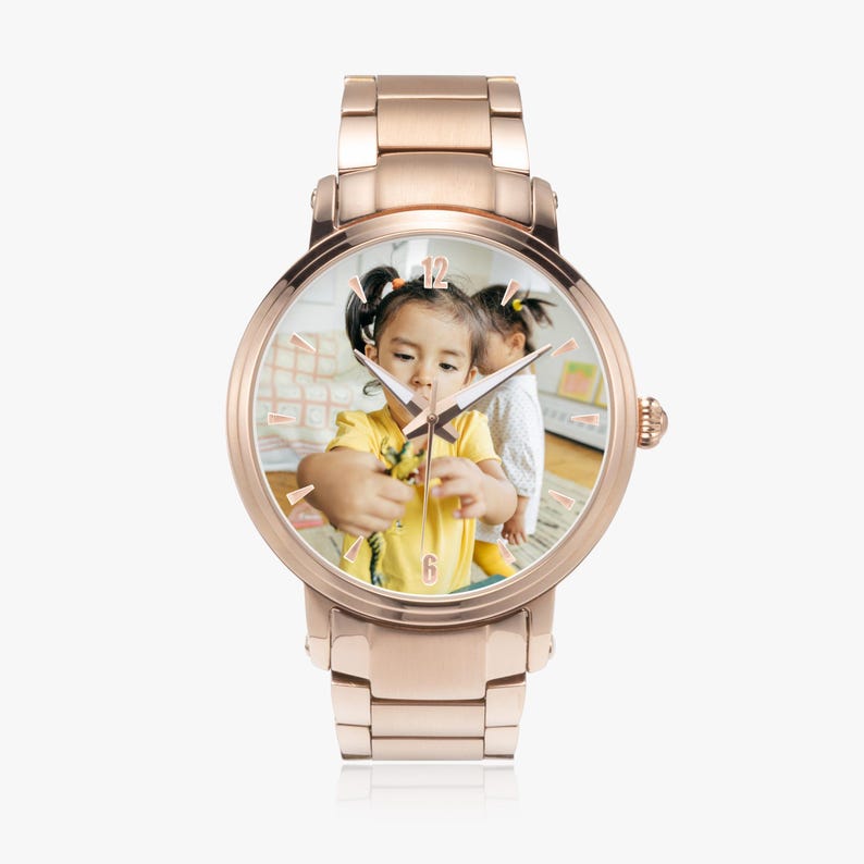 Custom Photo Automatic Watch with Steel Strap, Personalized Stainless Steel Watch, Anniversary Birthday Gift for Men Women RoseGold