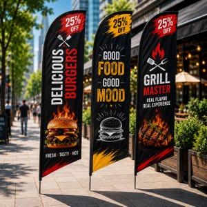 Pode incluir: Três bandeiras verticais tipo pena com fundos pretos. A primeira exibe um hambúrguer, 'DELICIOUS BURGERS' e '25% OFF'. A segunda mostra uma ilustração de hambúrguer, 'GOOD FOOD GOOD MOOD' e '25% OFF'. A terceira apresenta um bife, 'GRILL MASTER' e '25% OFF'.