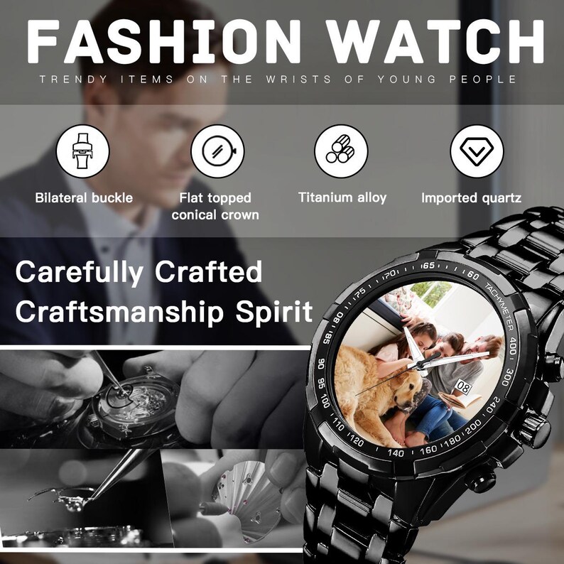 Personalized Black Metal Watch with Calendar Display, Custom Engraved Unisex Watch, Gift for Husband Father Mother imagen 4