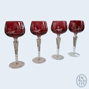 Set von 4 Vintage Cranberry Crystal Cut-to-Clear Weingläsern