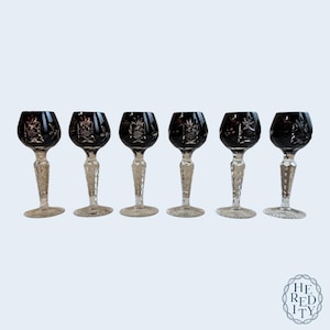 Six Imperlux Crystal Cut-To-Clear Amethyst Cordial Glasses