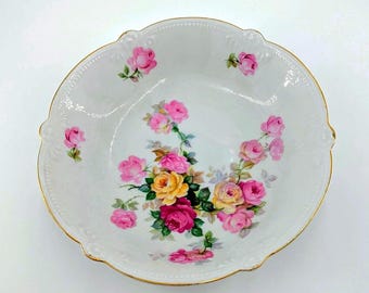 Vintage German Porcelain Floral Serving Bowl Pink Roses Gold Trim Cottagecore Rose Transferware Bowl 8.5 Inch